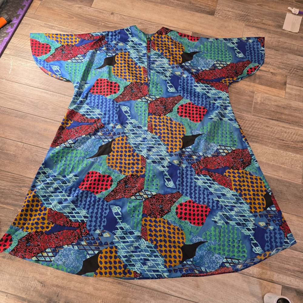 Vintage Abstract Geometric Print Maxi Dress Short Kimono Sleeve Vibrant 4/5XL
